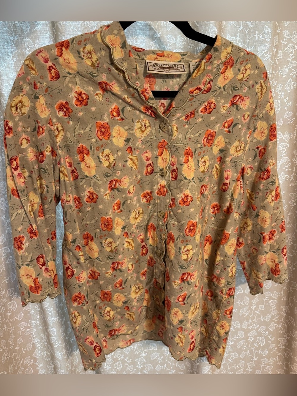 Vintage Rhythm Blue Floral Scalloped Blouse M Cotton Linen Cottagecore 90s